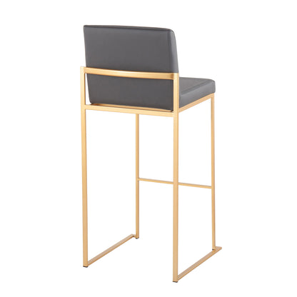 The Fuji Contemporary Design High Back Barstool (Set of 2) features a gold metal frame and cushioned dark gray backrest and seat, shown from the rear.