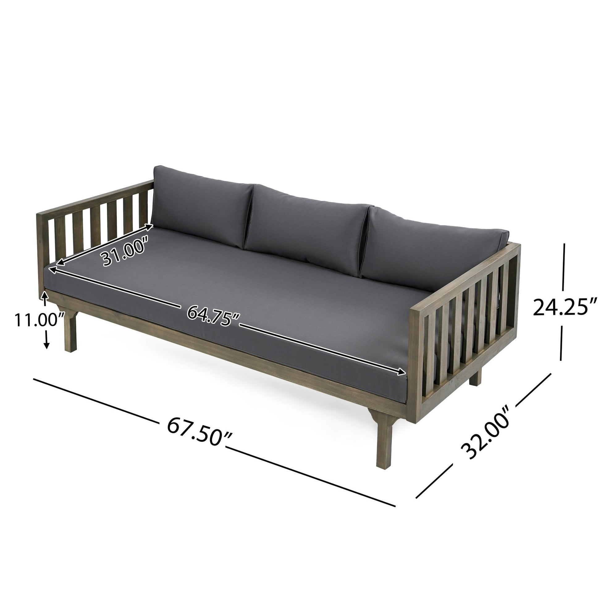 The Claremont 3 Seater Daybed in teak acacia wood features water-resistant dark cushions and labeled dimensions: 67.5" L, 32" W, 24.25" H, seat depth 31", seat width 64.75", and armrest height 11".