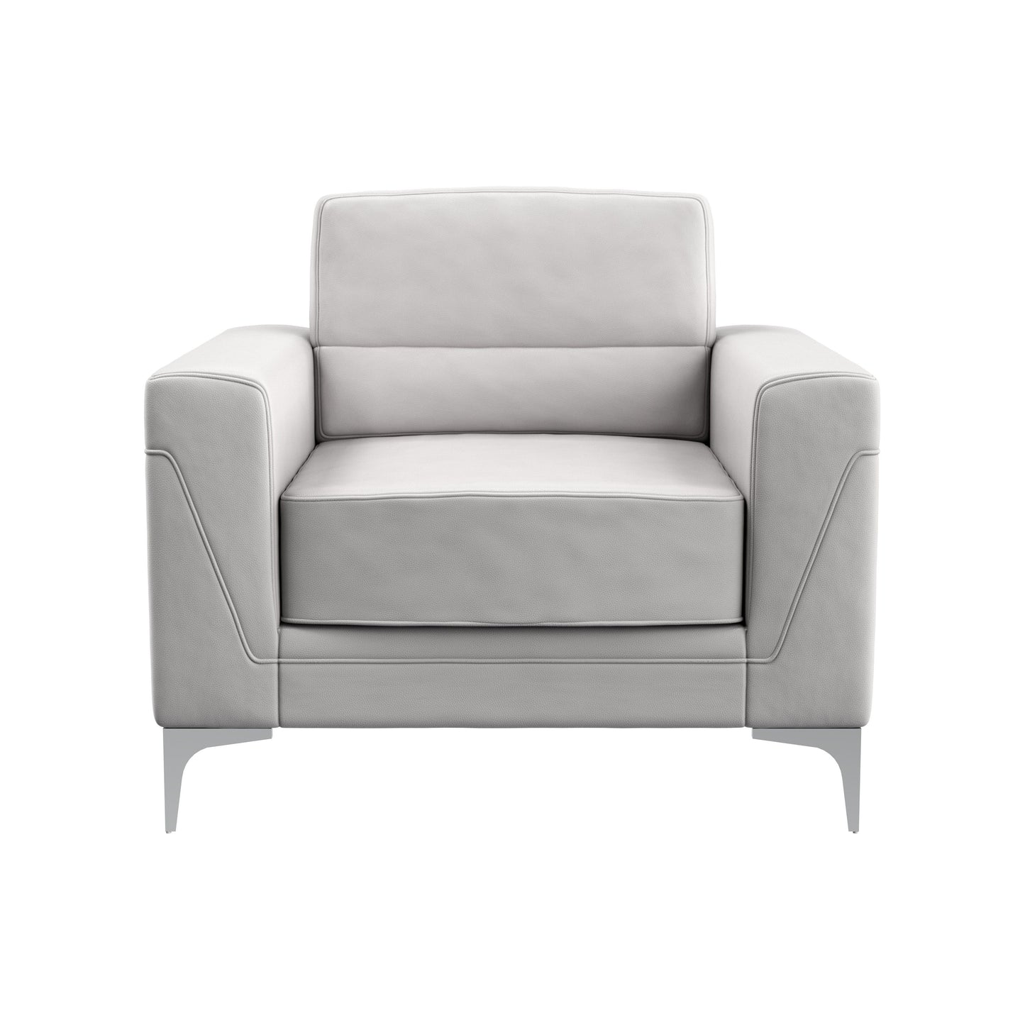 The Couch.com Creta Chair in light gray features a modern style with faux leather construction, wide squared arms, cushioned seat and backrest, and sleek metal legs, all in a chic gray finish against a white background.