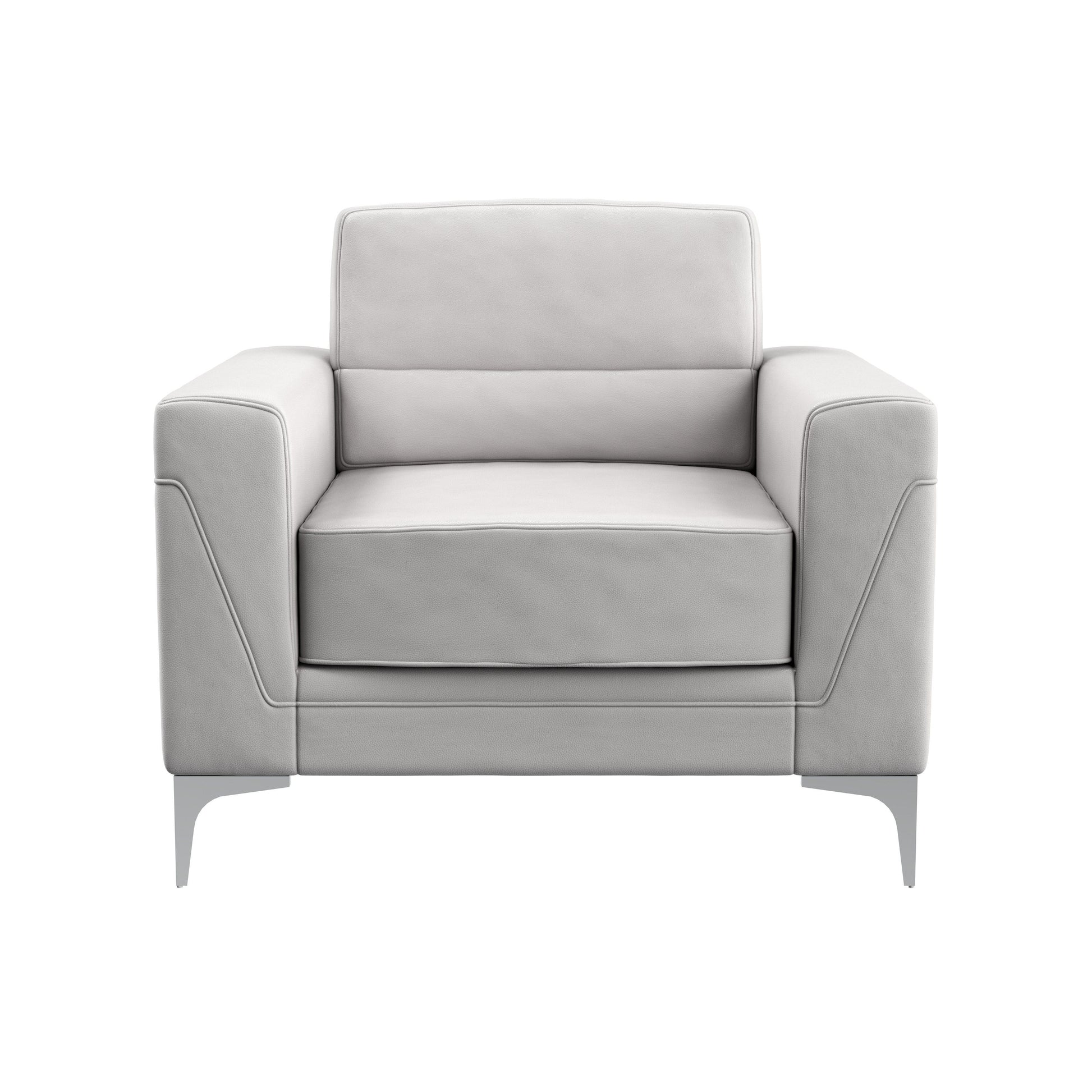The Couch.com Creta Chair in light gray features a modern style with faux leather construction, wide squared arms, cushioned seat and backrest, and sleek metal legs, all in a chic gray finish against a white background.