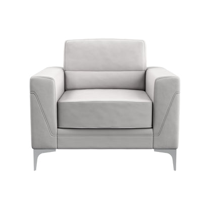 The Couch.com Creta Chair in light gray features a modern style with faux leather construction, wide squared arms, cushioned seat and backrest, and sleek metal legs, all in a chic gray finish against a white background.