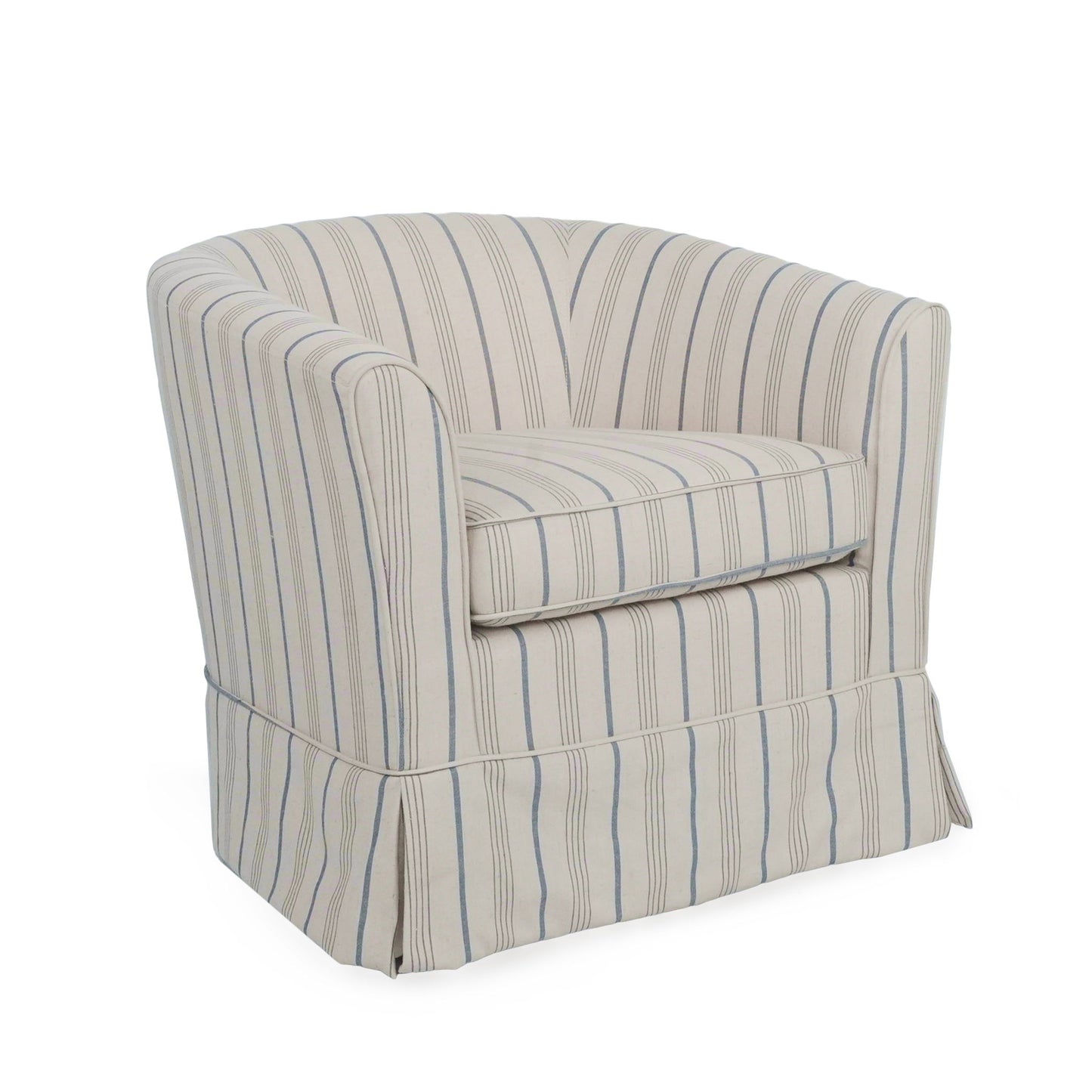 The Zeniqua Upholstered Velvet Swivel Chair features a barrel shape, skirted base, and a cushioned seat with curved backrest, all wrapped in light velvet fabric with vertical blue and gray stripes and a removable loose cover.