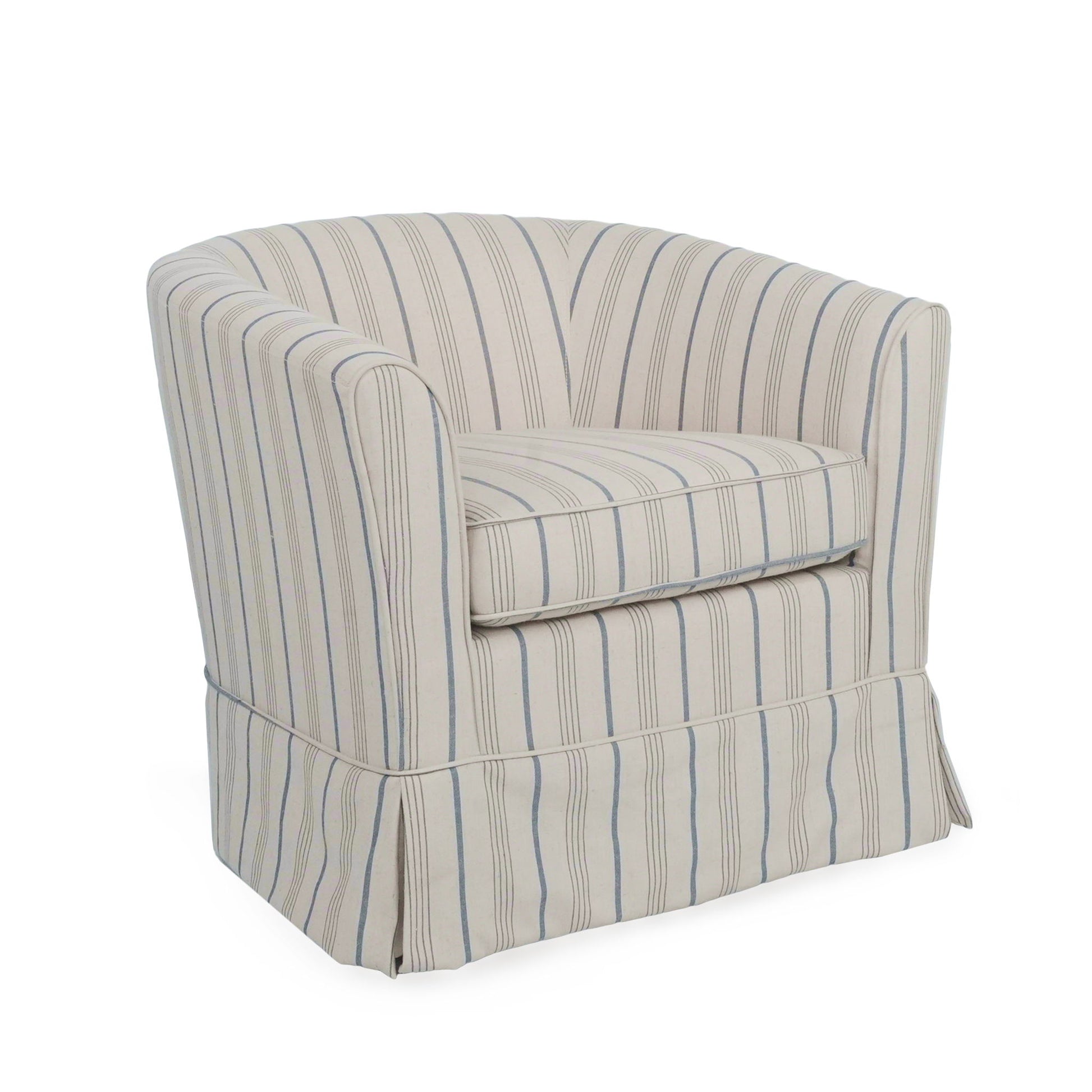 The Zeniqua Upholstered Velvet Swivel Chair features a barrel shape, skirted base, and a cushioned seat with curved backrest, all wrapped in light velvet fabric with vertical blue and gray stripes and a removable loose cover.