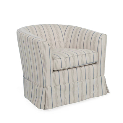 The Zeniqua Upholstered Velvet Swivel Chair features a barrel shape, skirted base, and a cushioned seat with curved backrest, all wrapped in light velvet fabric with vertical blue and gray stripes and a removable loose cover.