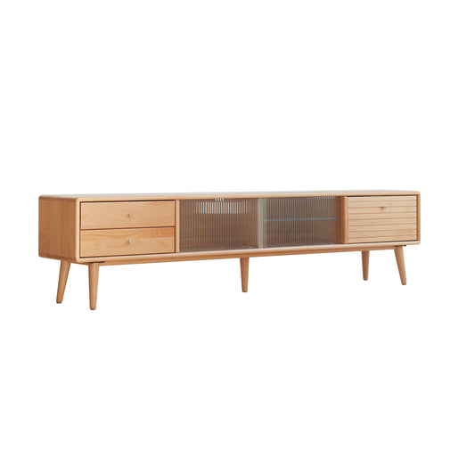 The TV Cabinet features Chinese Changhong glass sliding doors, two drawer storage spaces, four tapered legs, a right sliding door with horizontal grooves, and a central section with ribbed glass doors.