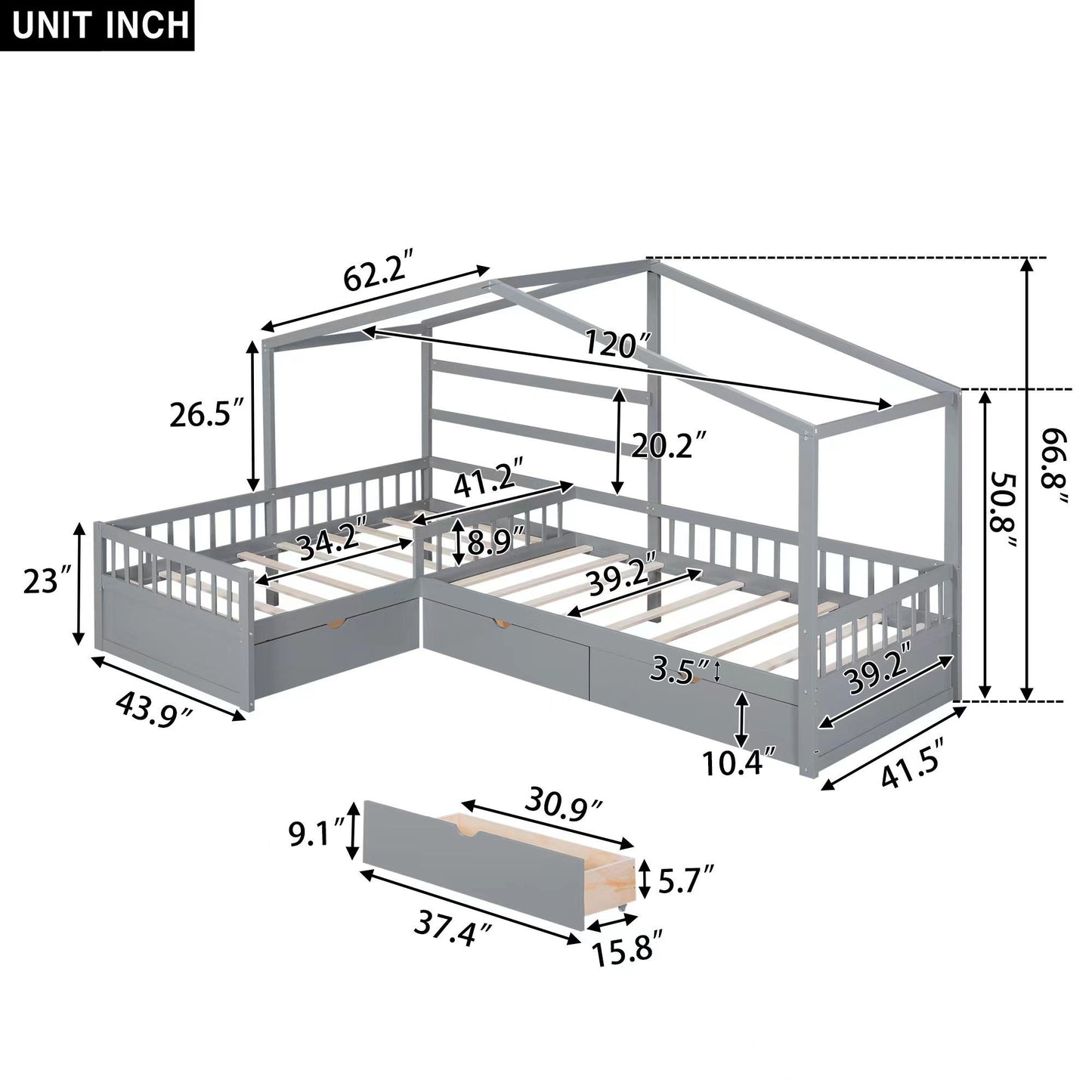 L Shape Platform Bed With 3 Storage Drawers