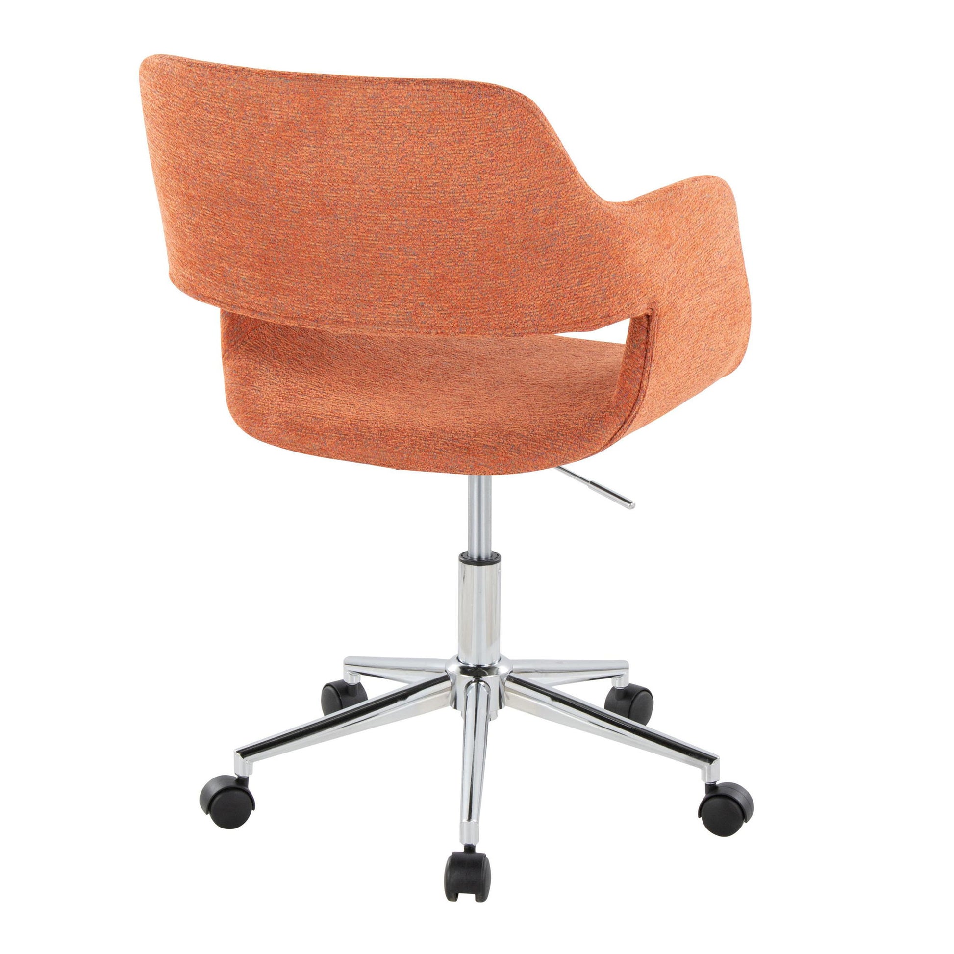 The Margarite Contemporary Office Task Chair features orange upholstery, a curved backrest, metal base, and five black caster wheels, shown from the rear view.