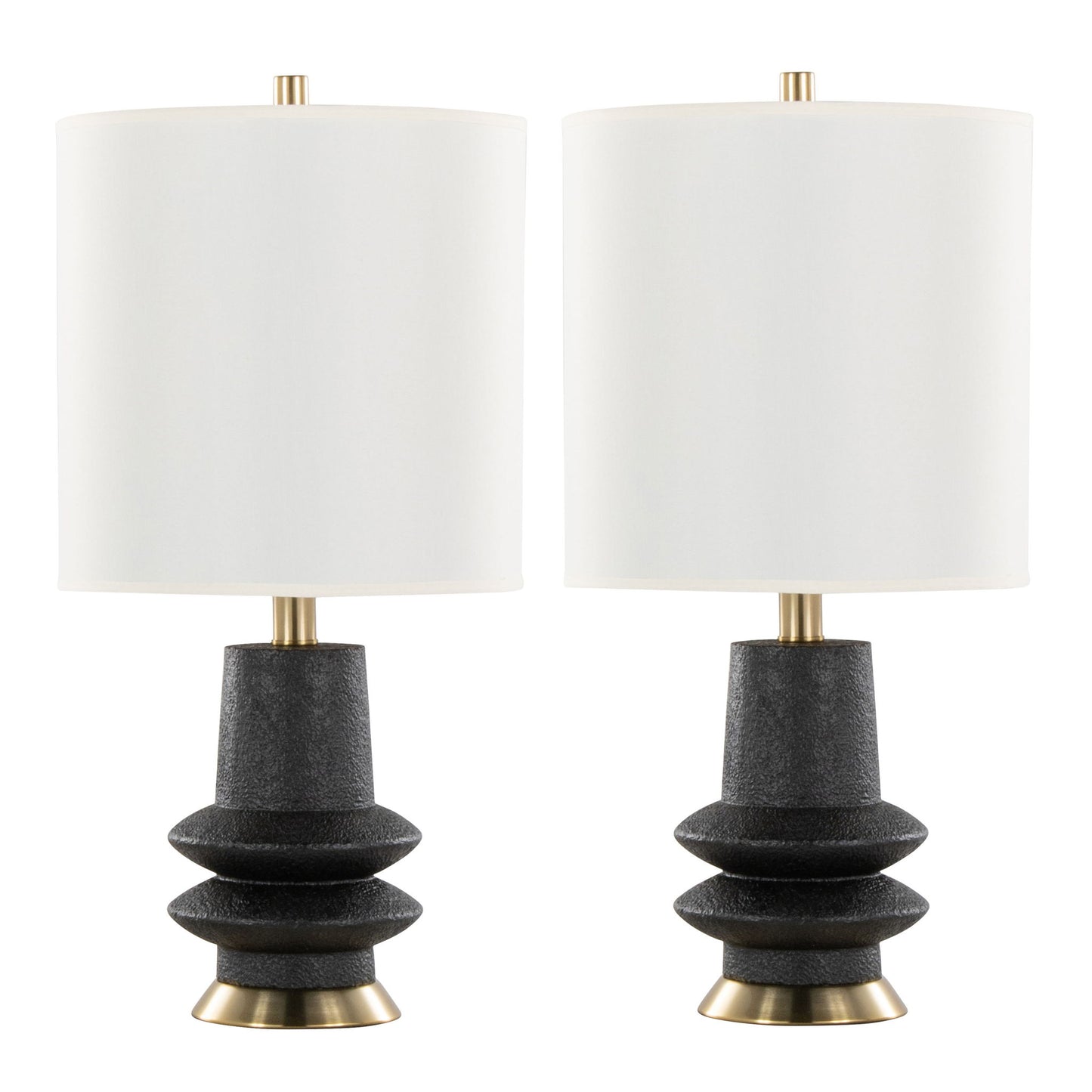 The Lloyd - Contemporary Table Lamp (Set of 2) features white cylindrical shades, black textured geometric bases, and gold accents at the top and bottom.