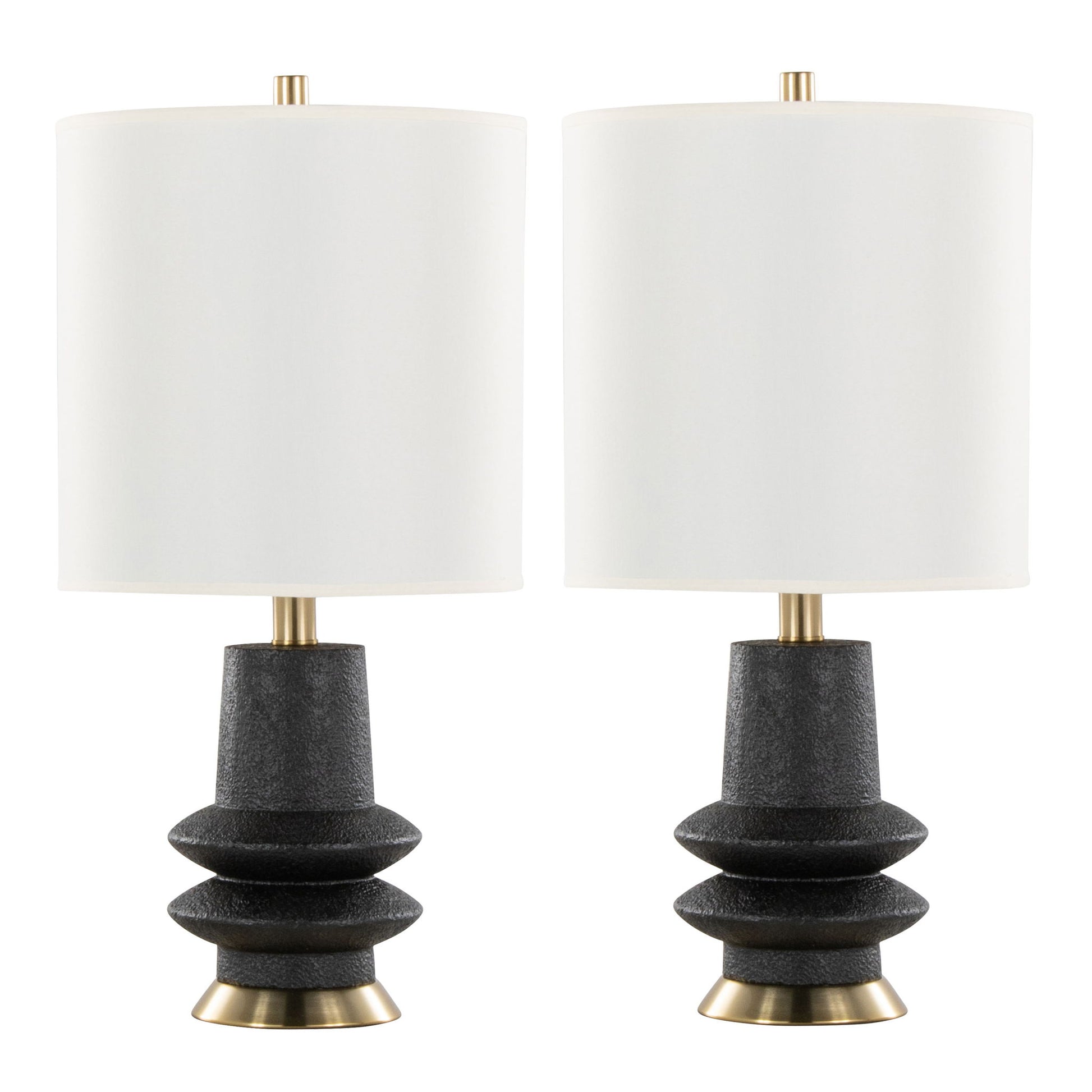 The Lloyd - Contemporary Table Lamp (Set of 2) features white cylindrical shades, black textured geometric bases, and gold accents at the top and bottom.