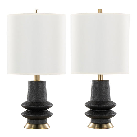 The Lloyd - Contemporary Table Lamp (Set of 2) features white cylindrical shades, black textured geometric bases, and gold accents at the top and bottom.
