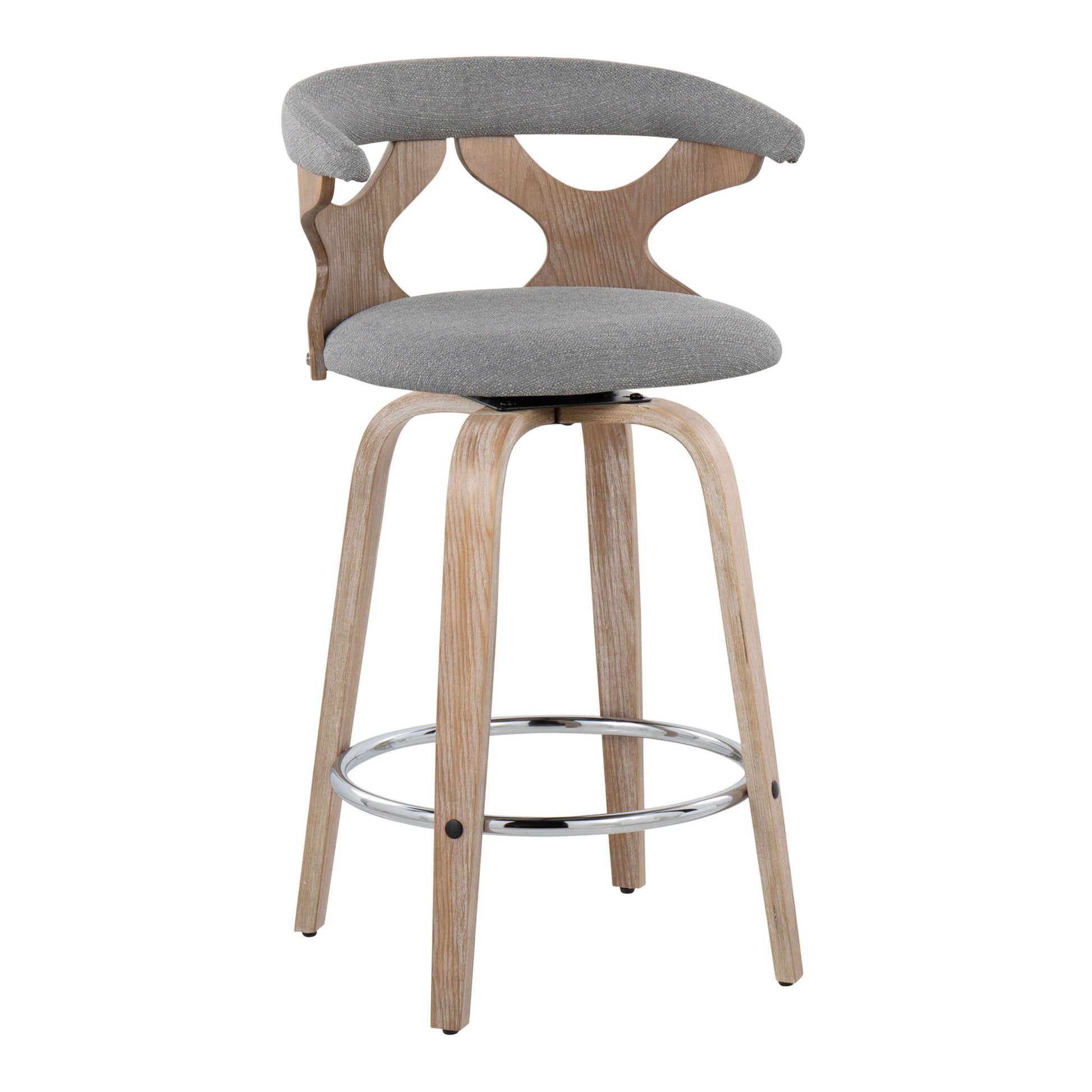 The Gardenia Mid Century Modern Counter Stool set features a curved wooden backrest with cutout design, padded gray fabric seat, four light wood legs, and a circular metal footrest. Set of 2 with fixed height and swivel function.