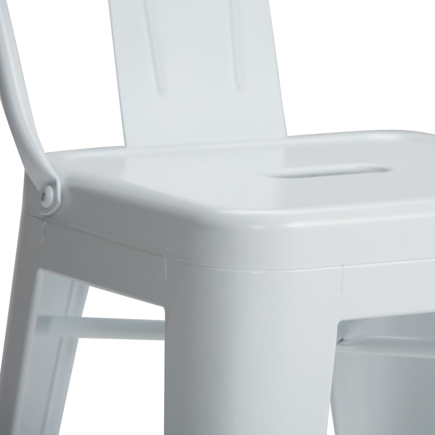 Close-up of the Rayne - Multifunctional Metal Stool, featuring a modern white metal design with a square seat and rectangular center cutout, highlighting part of the backrest and legs against a plain white background.
