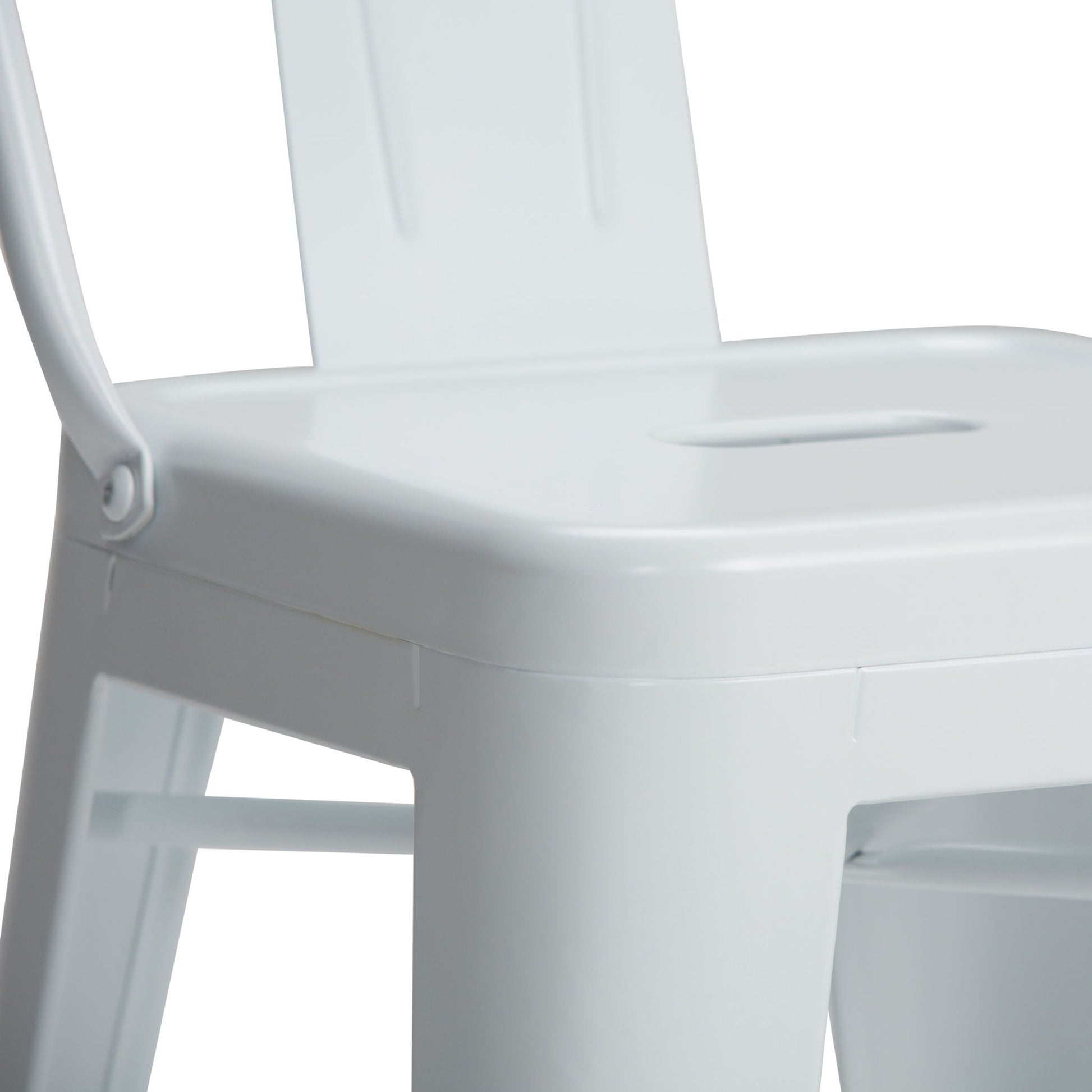 Close-up of the Rayne - Multifunctional Metal Stool, featuring a modern white metal design with a square seat and rectangular center cutout, highlighting part of the backrest and legs against a plain white background.
