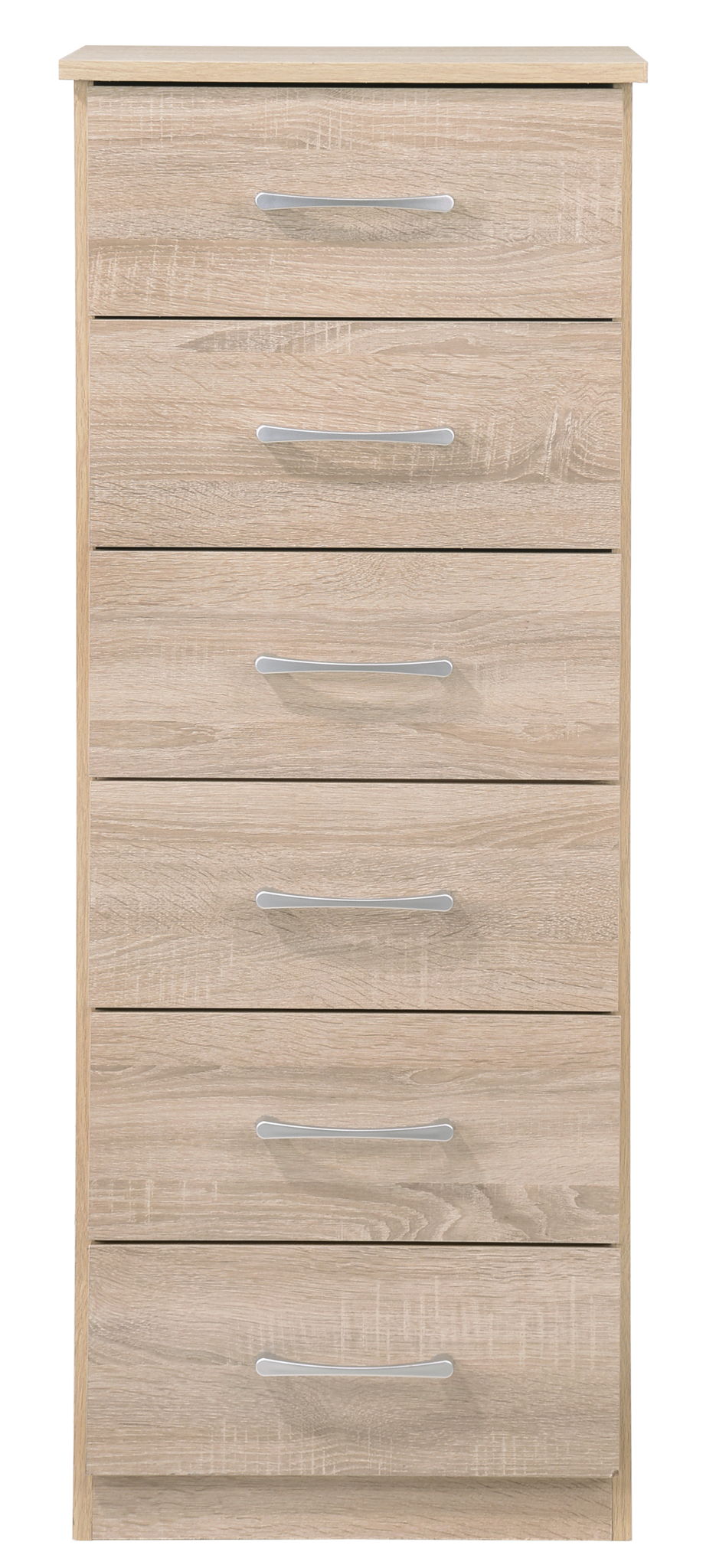 The Boston - Lingerie Chest is a light wood dresser with six drawers, each fitted with a horizontal silver handle, shown upright against a plain white background.