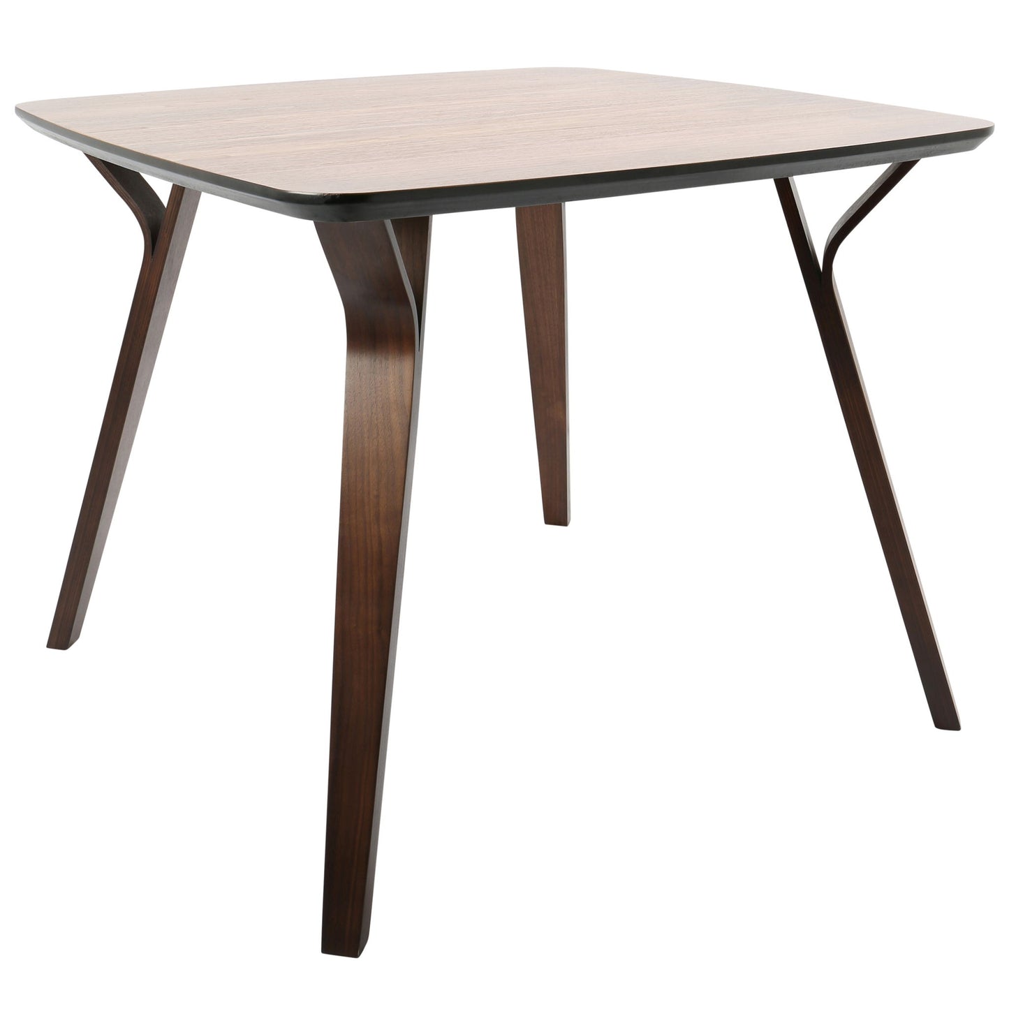 The Folia - Mid Century Modern Dinette Table features a light brown square wooden top and four angled dark wood legs, showcasing sleek, minimalist design inspired by mid-century style.