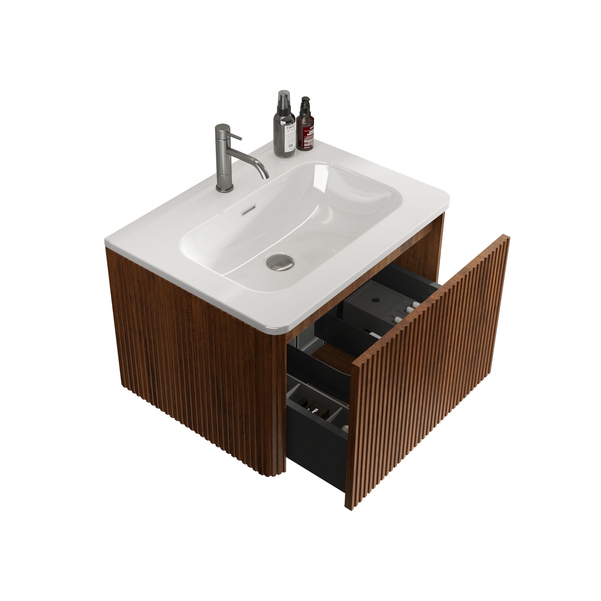 The Etna - Striped Bathroom Vanity features a ceramic sink, silver faucet, and brown wood cabinet with vertical grooves, shown with an open drawer revealing organized compartments and two bottles placed on the sink.