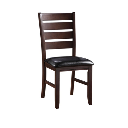 The Urbana Synthetic Leather Side Chair (Set of 2) features a dark brown wooden frame, ladder-back design, and a black cushioned seat, displayed against a plain white background.