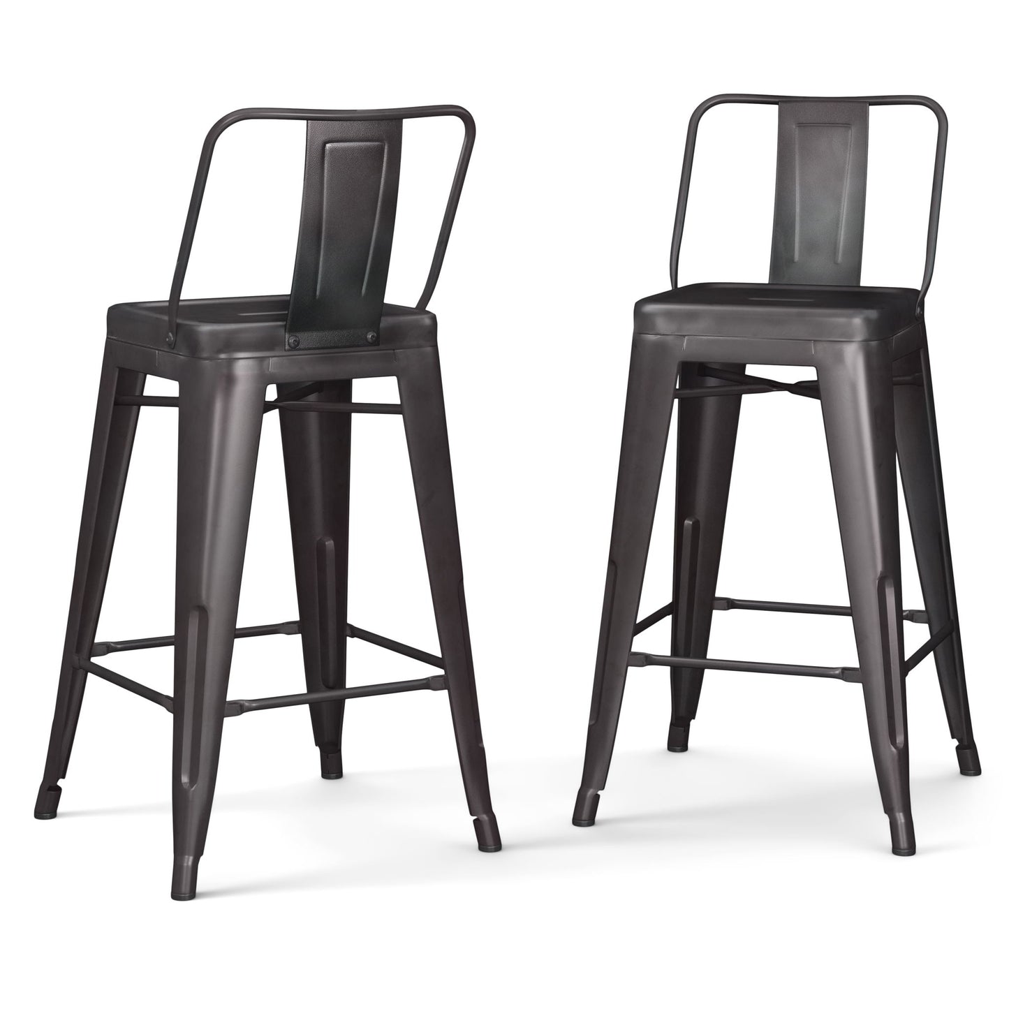 Two Rayne Multifunctional Metal Stools, tall and industrial-style with backs and footrests, feature a matte dark gray finish and are displayed side by side on a white background.