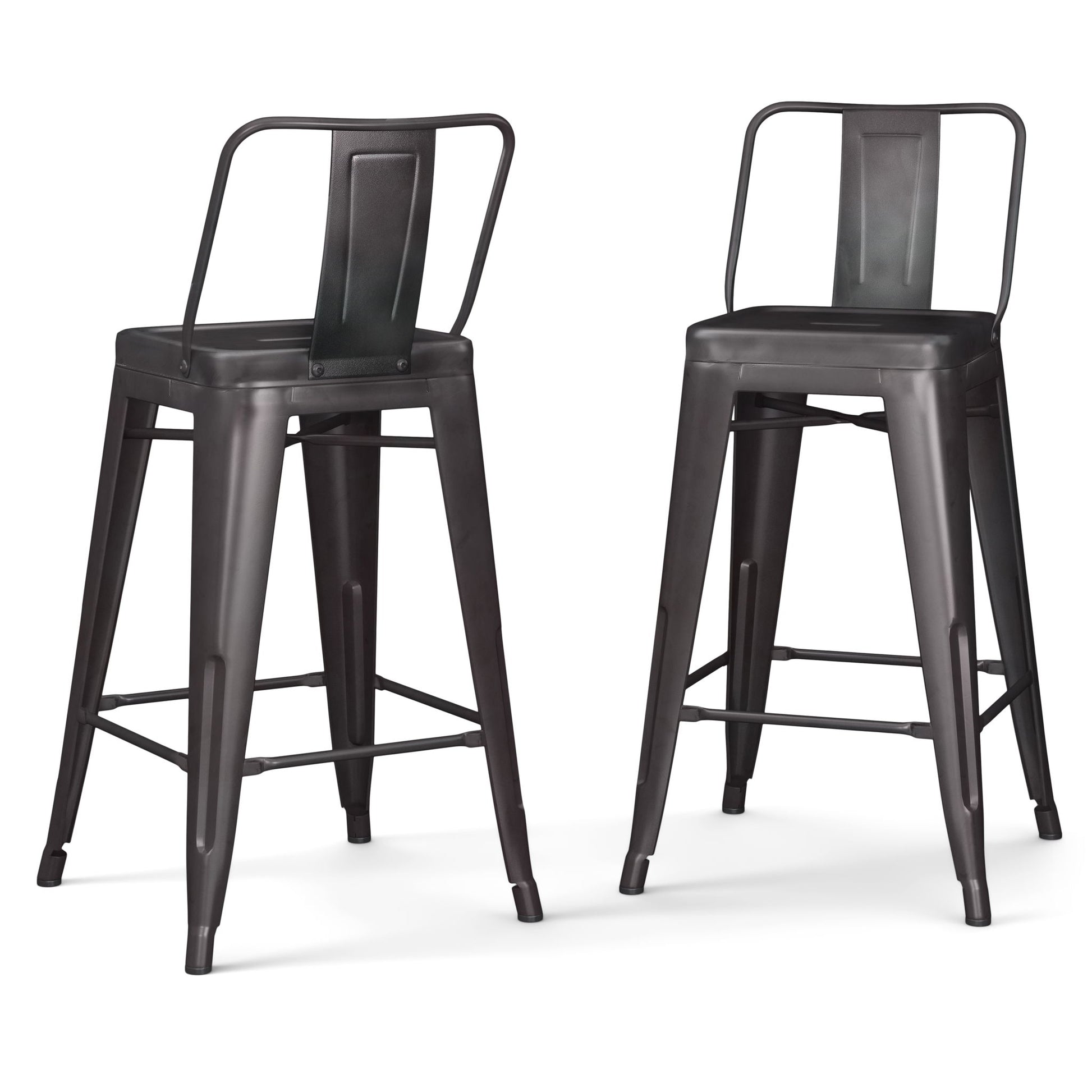 Two Rayne Multifunctional Metal Stools, tall and industrial-style with backs and footrests, feature a matte dark gray finish and are displayed side by side on a white background.