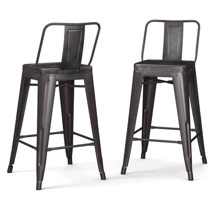 Two Rayne Multifunctional Metal Stools, tall and industrial-style with backs and footrests, feature a matte dark gray finish and are displayed side by side on a white background.