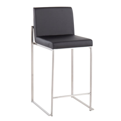The Fuji Contemporary High Back Counter Stool features a sleek black cushioned seat and backrest on a minimalist silver metal frame with footrest, combining modern style with functional design.