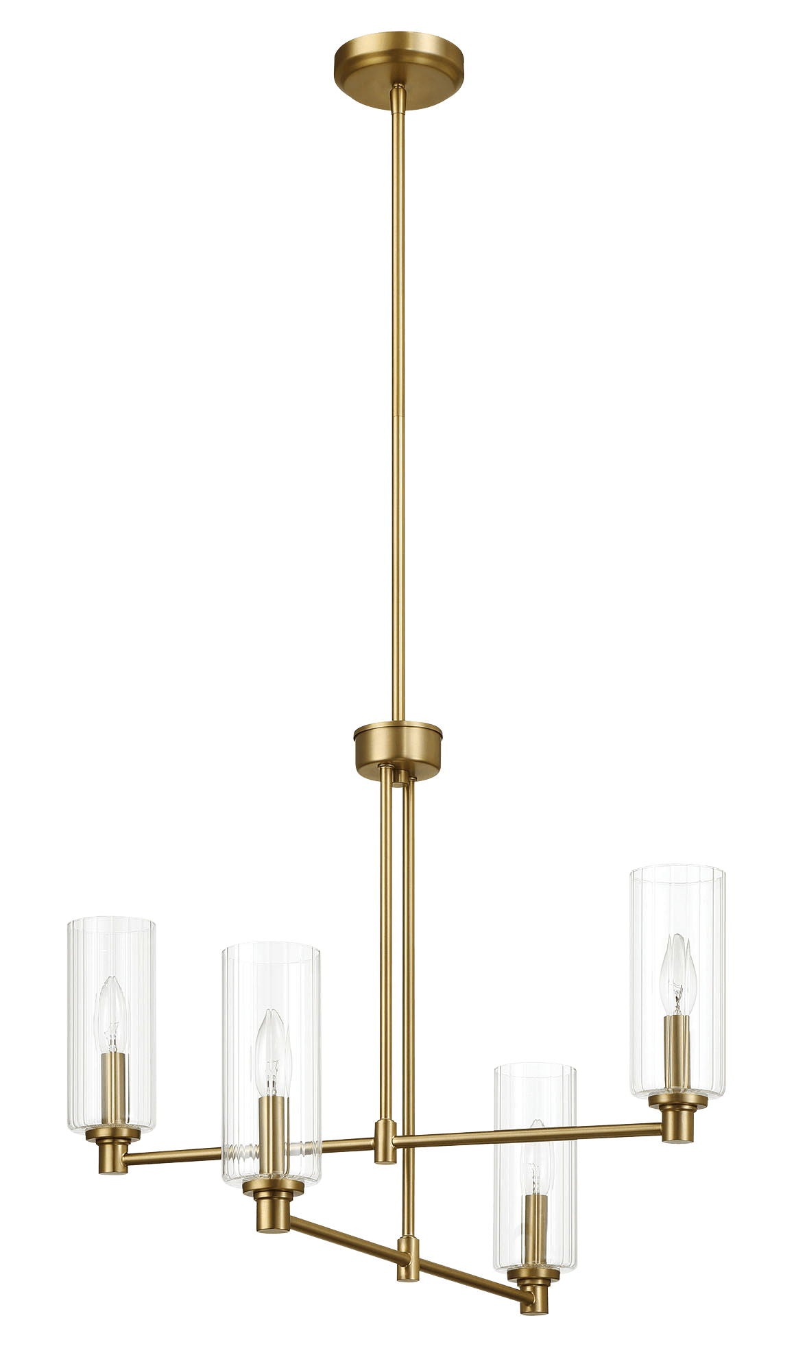 The Enigma chandelier features an antique brass finish with four clear ribbed satin glass cylinder shades and exposed bulbs, hanging from a central rod in a geometric design for a sleek, elegant lighting solution.