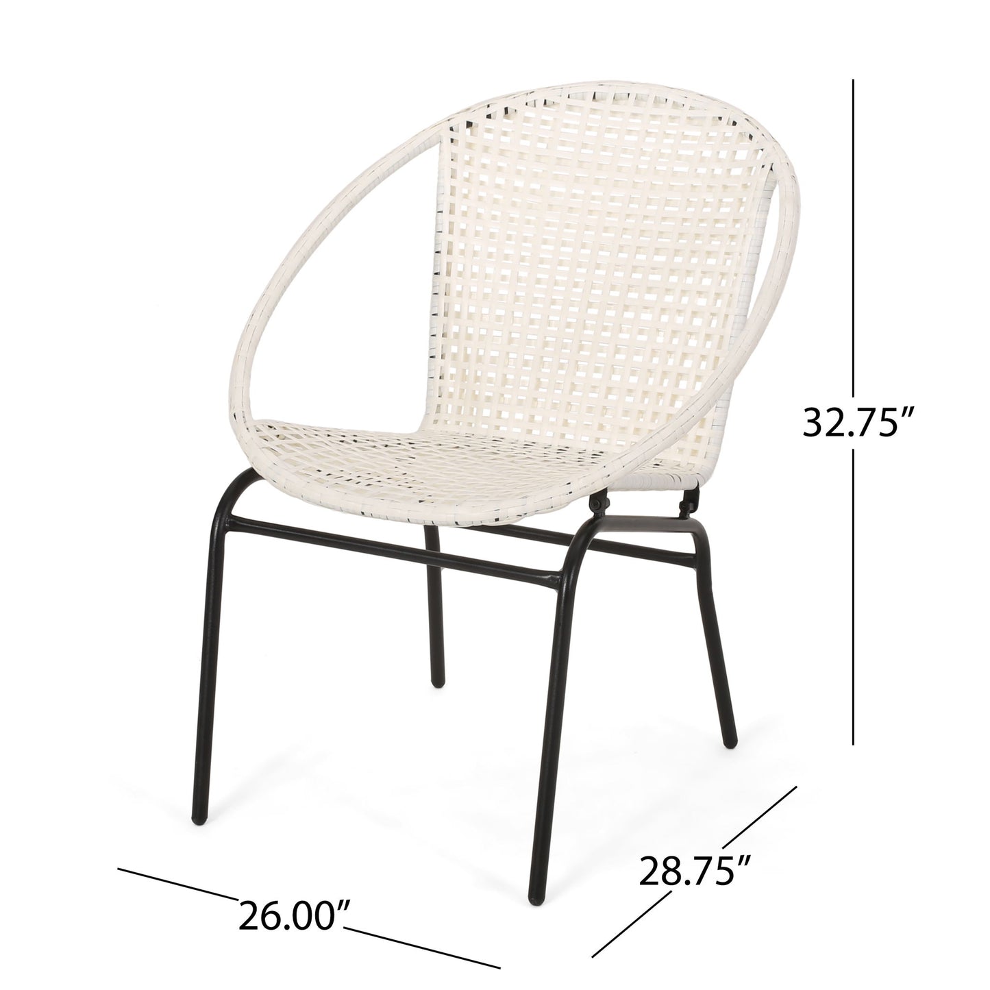 The Java Chair features a comfortable white woven design, a rounded backrest, black metal legs, and measures 32.75" tall, 28.75" deep, and 26" wide.