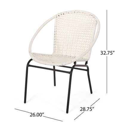 The Java Chair features a comfortable white woven design, a rounded backrest, black metal legs, and measures 32.75" tall, 28.75" deep, and 26" wide.