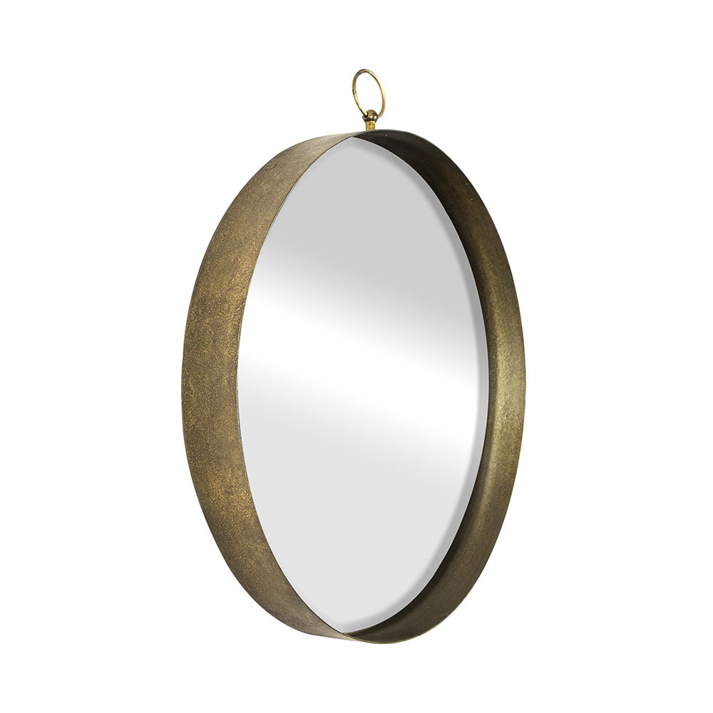 Round Mirror with a wide iron frame and small gold hanging loop at the top, shown from an angled side view. Perfect for living room, bedroom, vanity, entryway, or hallway decor.