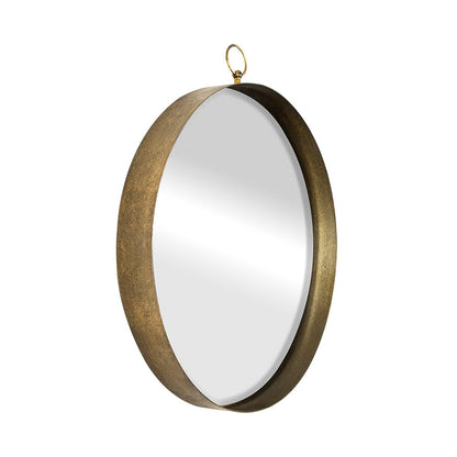 Round Mirror with a wide iron frame and small gold hanging loop at the top, shown from an angled side view. Perfect for living room, bedroom, vanity, entryway, or hallway decor.