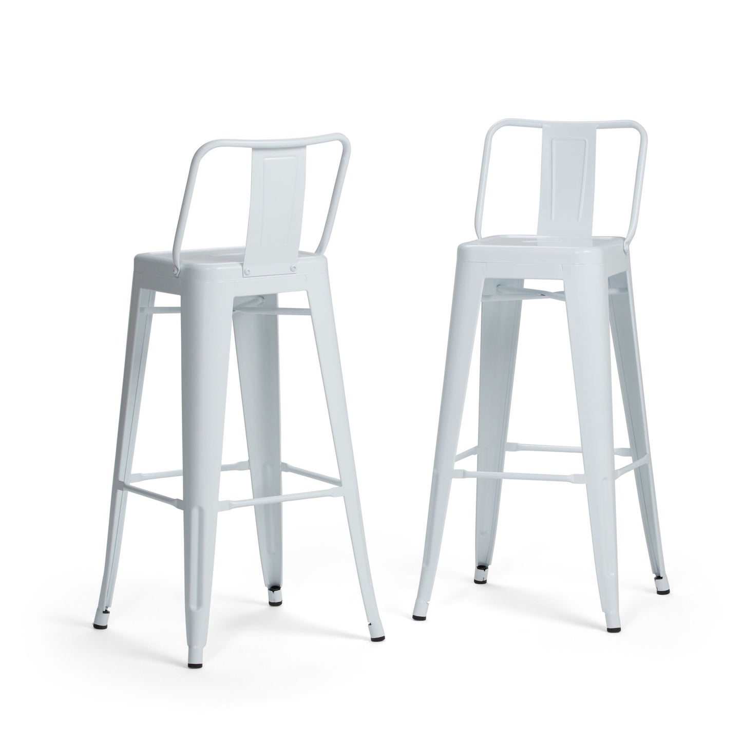 A set of two Rayne Curved Back Metal Stools with footrests is shown on a plain white background. These tall, white stools feature clean lines, a modern industrial design, and slightly angled legs.