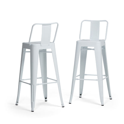 A set of two Rayne Curved Back Metal Stools with footrests is shown on a plain white background. These tall, white stools feature clean lines, a modern industrial design, and slightly angled legs.