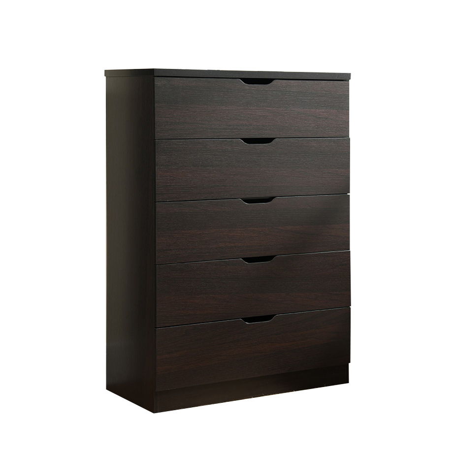 The Modern Drawer Chest And Clothes Storage Cabinet features five drawers, dark brown wood, recessed handles, and metal drawer glides. Its simple, modern design with clean lines and a smooth finish stands out against a white background.