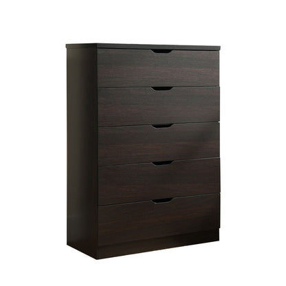 The Modern Drawer Chest And Clothes Storage Cabinet features five drawers, dark brown wood, recessed handles, and metal drawer glides. Its simple, modern design with clean lines and a smooth finish stands out against a white background.