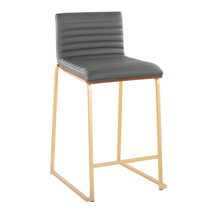 The Mason Mara set of two bar stools showcases a sleek modern design with gray leather seats featuring horizontal stitching and slim gold metal frames.