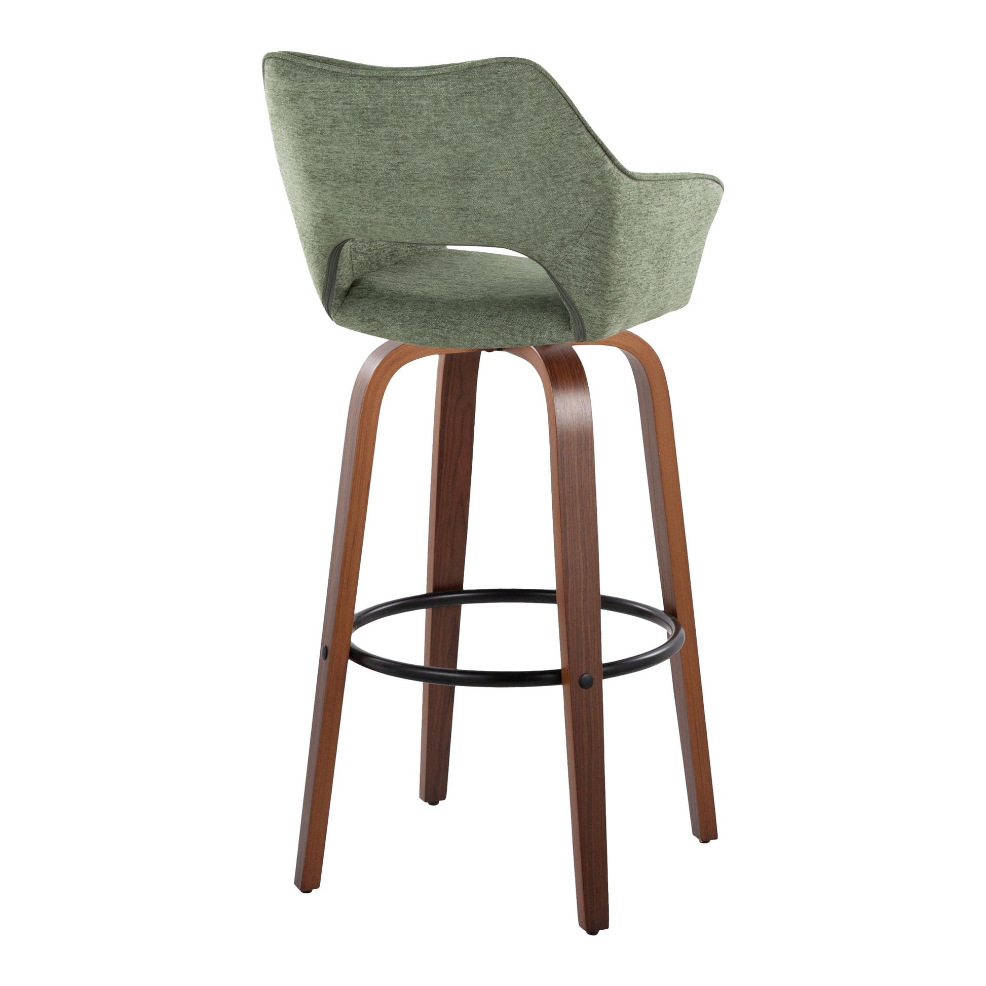 The Mustang Contemporary Fixed Height Barstool (set of 2) features a curved green fabric backrest and seat, wooden legs, and a black round footrest, shown from the back at a slight angle.