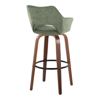 The Mustang Contemporary Fixed Height Barstool (set of 2) features a curved green fabric backrest and seat, wooden legs, and a black round footrest, shown from the back at a slight angle.