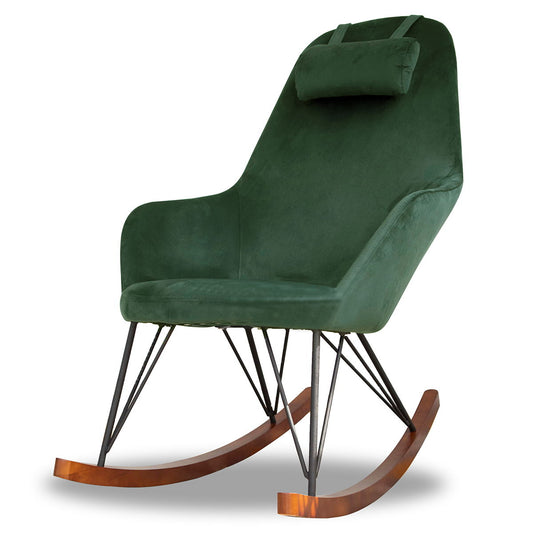 The Chloe Mid Century Modern Rocker features green velvet upholstery, a high backrest, headrest cushion, angled metal legs, and curved wooden rockers, shown against a white background.