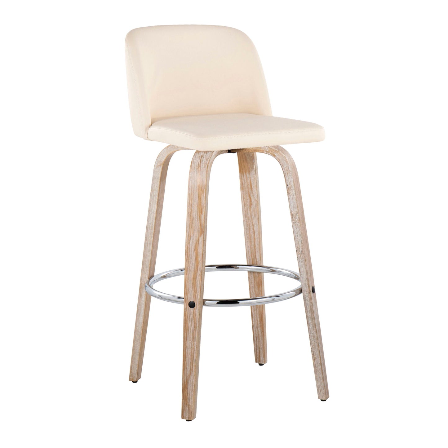 The Toriano Contemporary Fixed Height Barstool Set of 2 features swivel function, a light beige cushioned seat and backrest, four light wood legs, and a round chrome footrest connecting the legs.