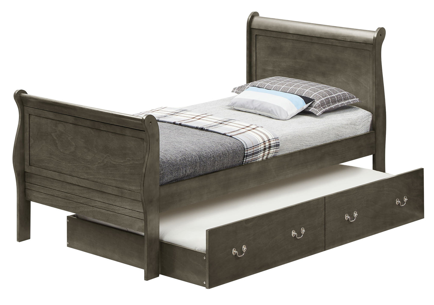 The Elegant Trundle Bed With Timeless Charm features a gray wooden frame, plaid and gray bedding set, two pillows, and a pull-out trundle drawer below with two handles.