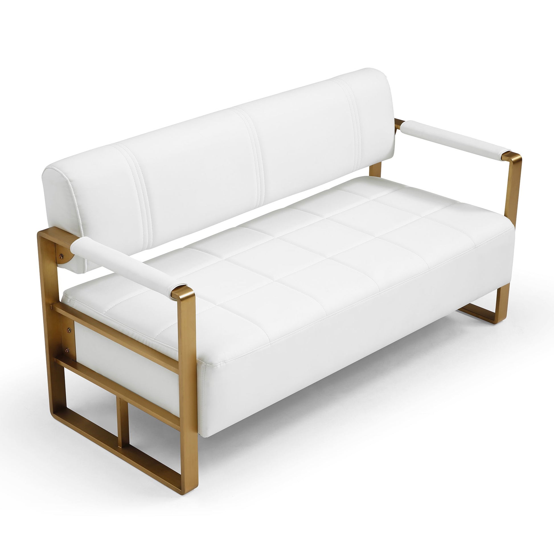 The Modern Upholstery Accent Loveseat Sofa is a white, 2-seater living room sofa featuring a cushioned seat and backrest with striking golden metal arms and frame.