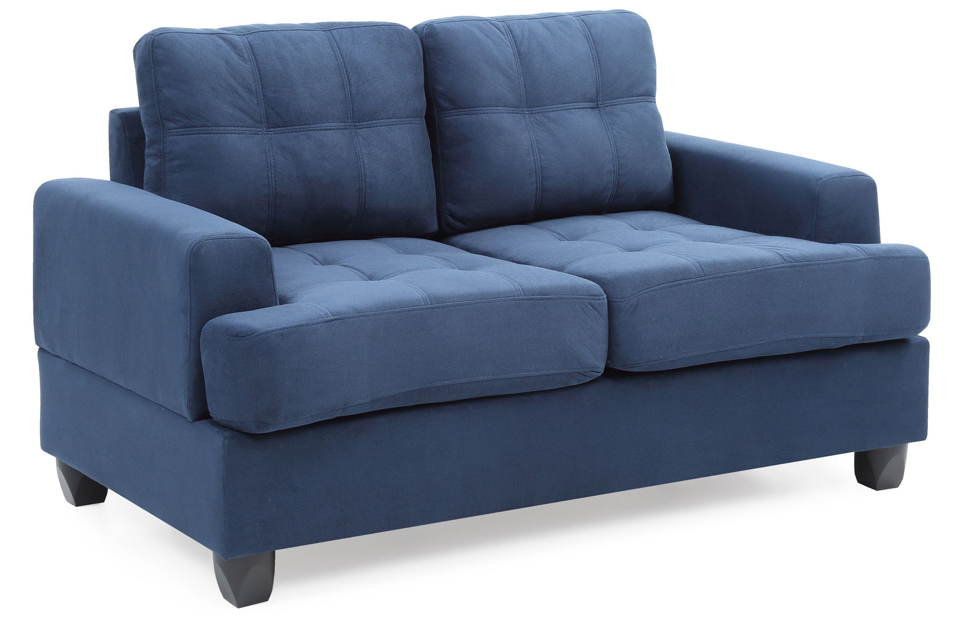 The Stylish Transitional Loveseat For Two features blue fabric upholstery, square tufted cushions, wide armrests, and dark wooden legs, displayed against a white background.
