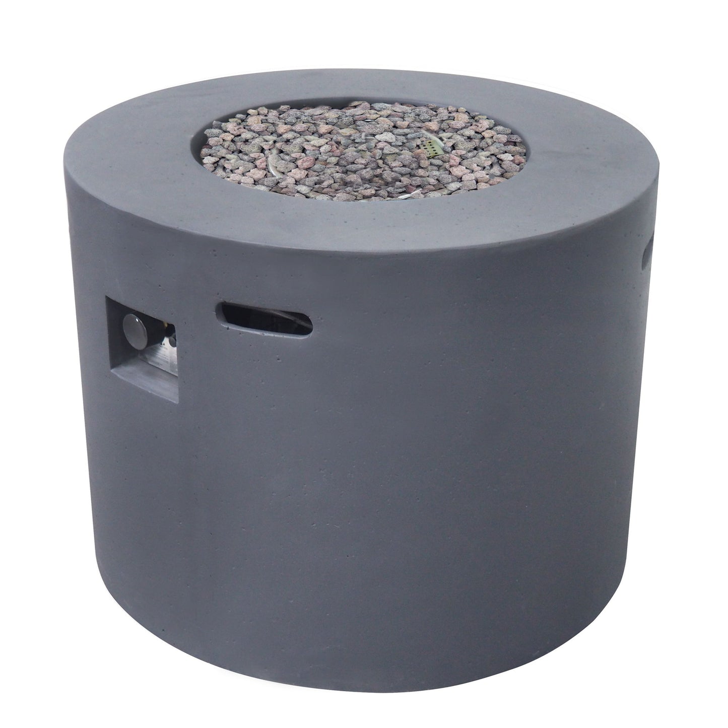 The Round Iron Fire Pit With 40,000 Btu features a smooth gray concrete exterior, recessed center with lava rocks, and a small side control panel for modern outdoor ambiance.