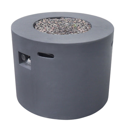 The Round Iron Fire Pit With 40,000 Btu features a smooth gray concrete exterior, recessed center with lava rocks, and a small side control panel for modern outdoor ambiance.