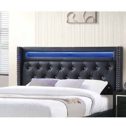 Modern Bed With LED Lights, Charging Port, Tufted Headboard