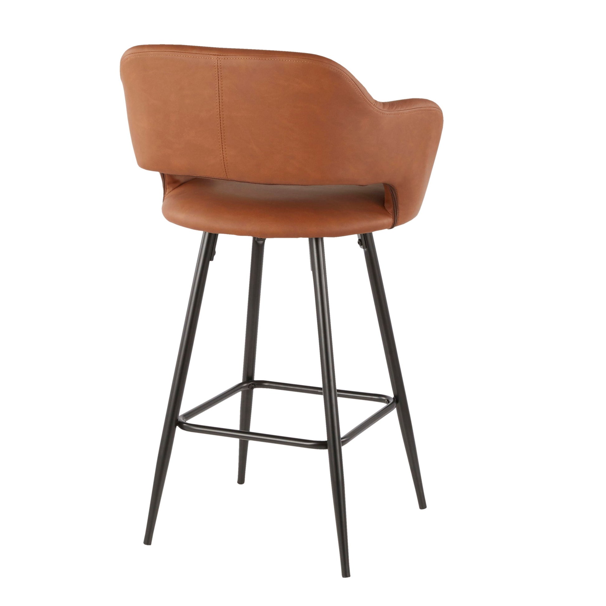 The Margarite Contemporary Counter Stool set features brown leather chairs with curved backrests and seats, supported by four slender black metal legs linked by a front footrest. The image displays the stools from a rear angle.