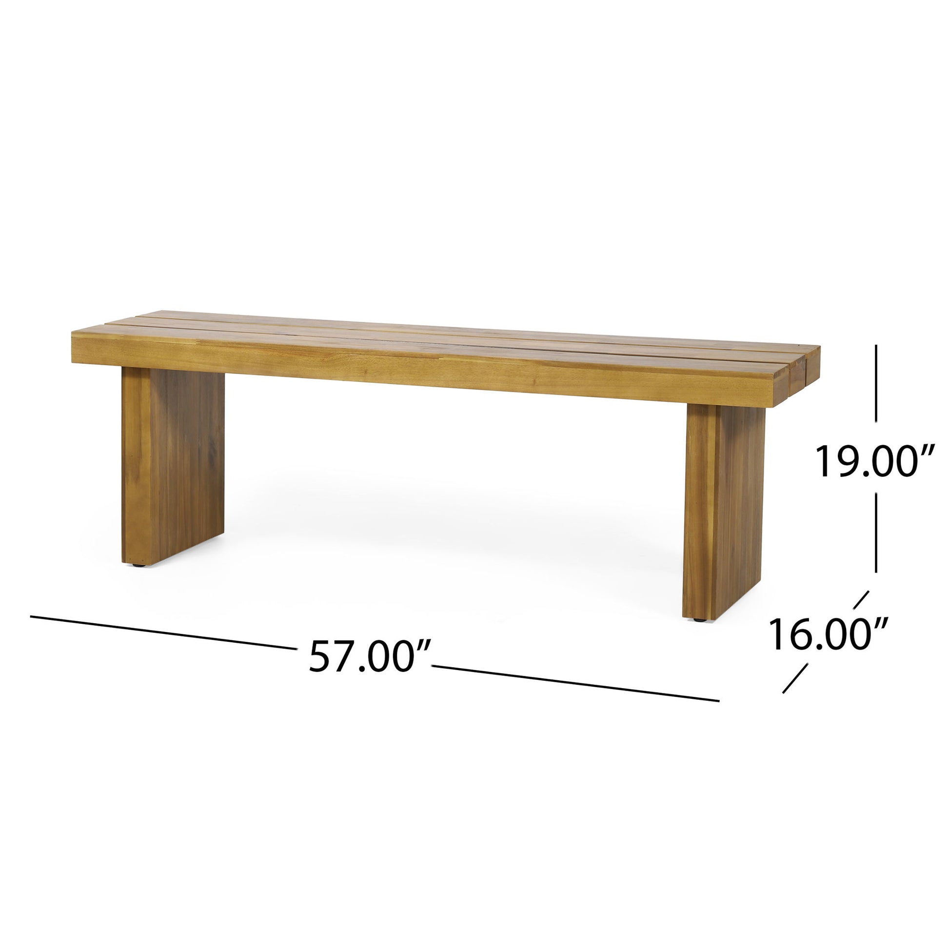 The Nahanni Rustic Acacia Wood Bench features a natural slat design, simple clean lines, a rectangular seat, and sturdy wide legs. It measures 57”L x 16”D x 19”H—perfect for any space needing style and function.