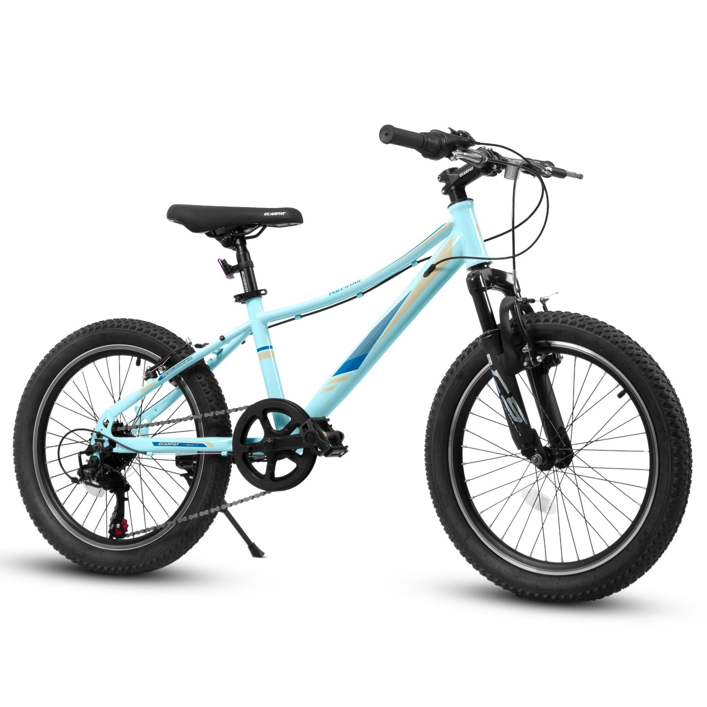 The S20101 20" Kids' Mountain Bike for ages 8-12 features front suspension, 7 speeds, disc and V-brakes, a high steel frame, light blue color, black handlebars/seat/tires—perfect for boys and girls. Shown on a white background.