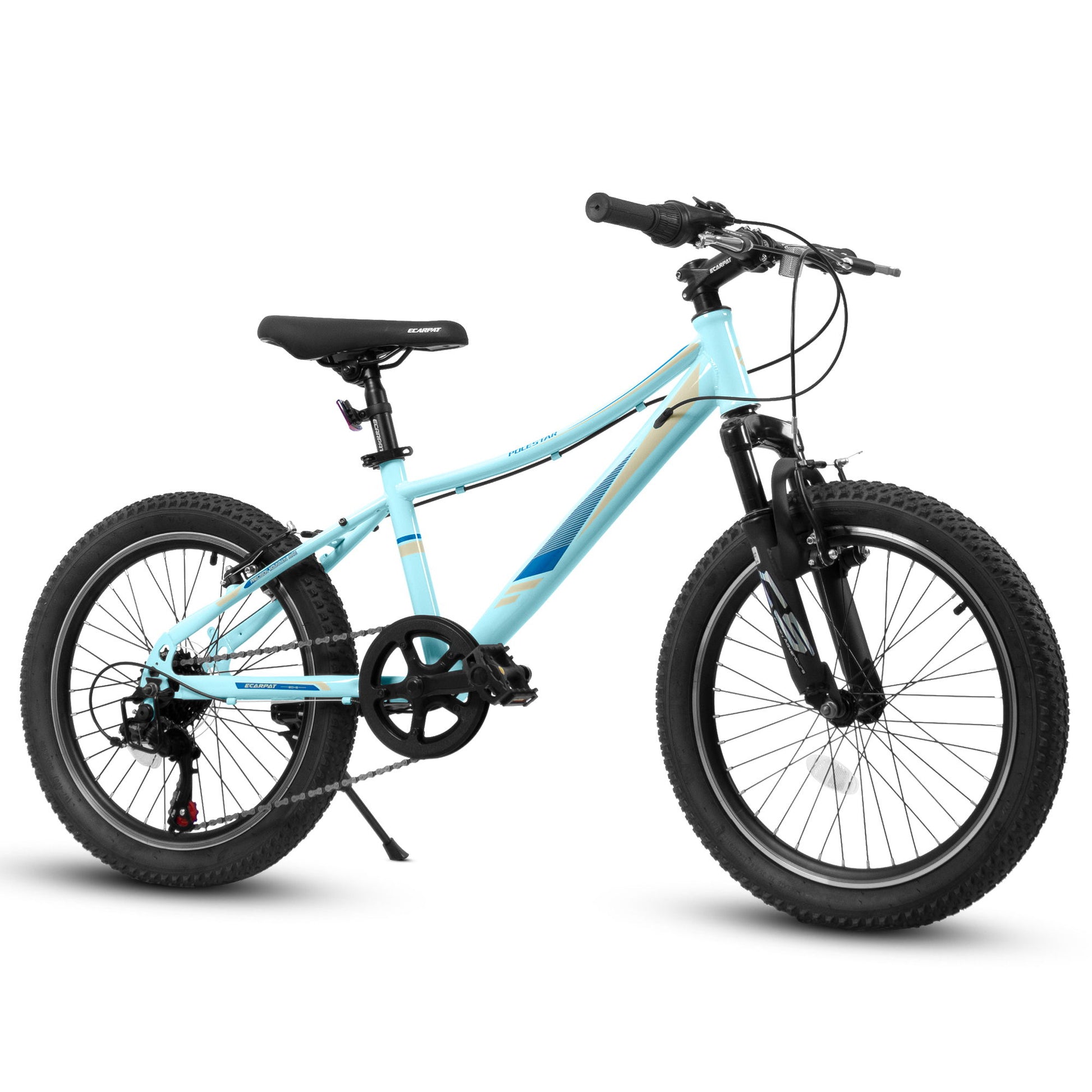 The S20101 20" Kids' Mountain Bike for ages 8-12 features front suspension, 7 speeds, disc and V-brakes, a high steel frame, light blue color, black handlebars/seat/tires—perfect for boys and girls. Shown on a white background.