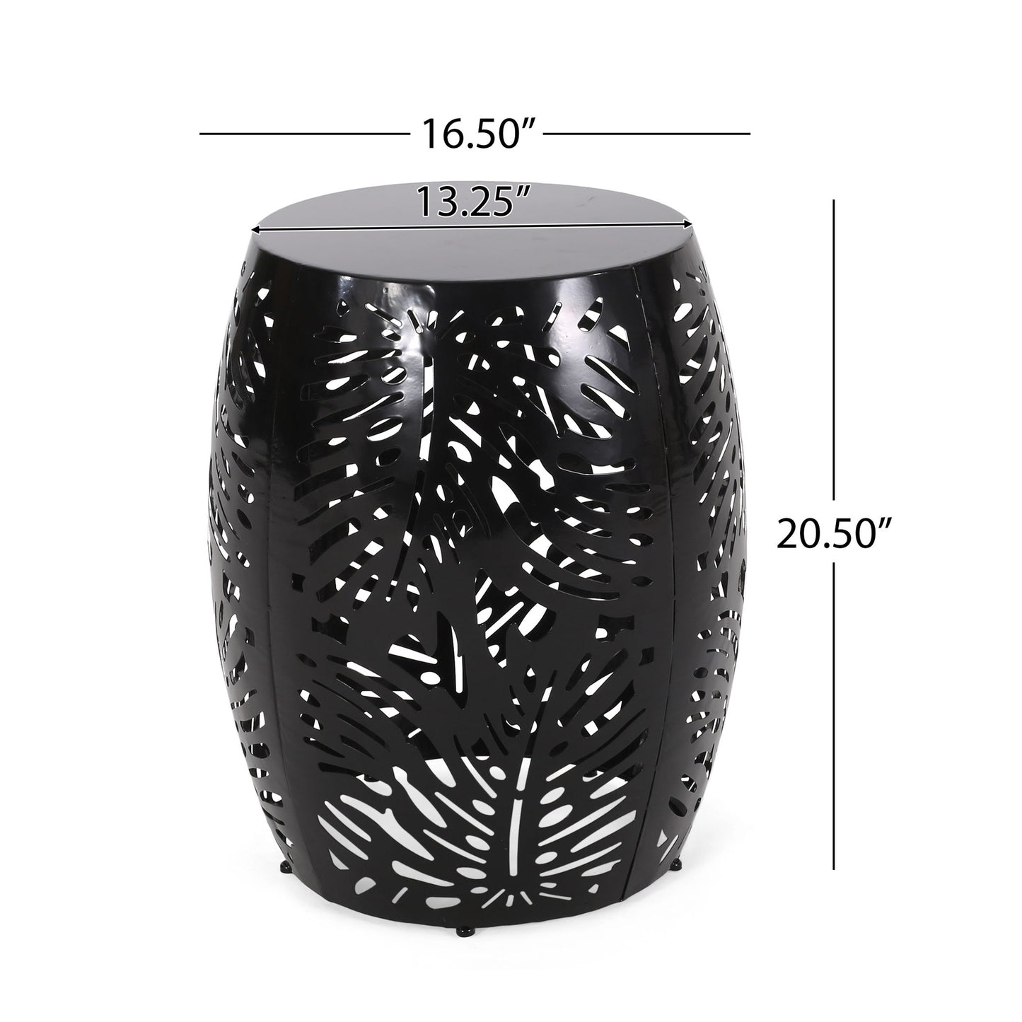 The Modern Design Metal End Table, Large, features a black metal drum shape with leaf-pattern cutouts. It stands 20.5" high, with a top diameter of 13.25" and widest diameter of 16.5".